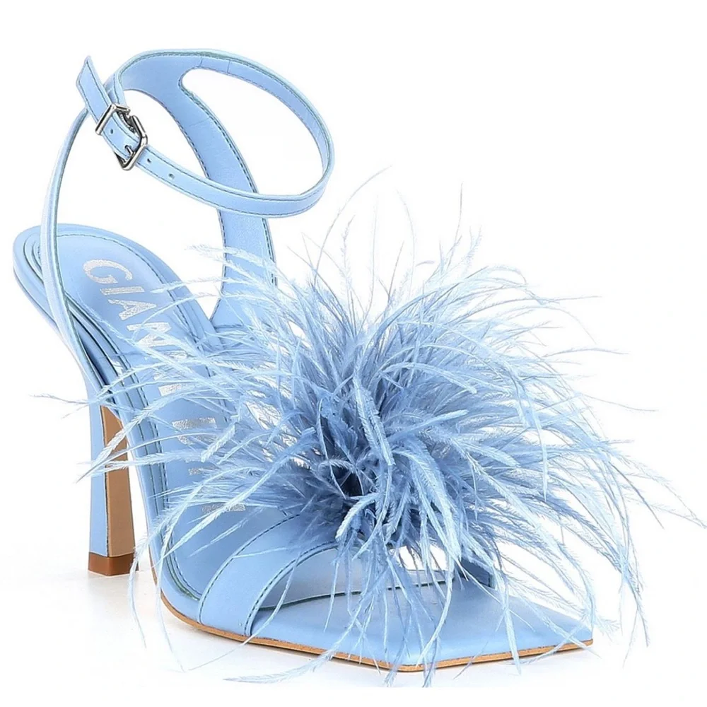 NEW Gianni Bini Neela Feathered Strappy Blue Heels - Picture 1 of 9